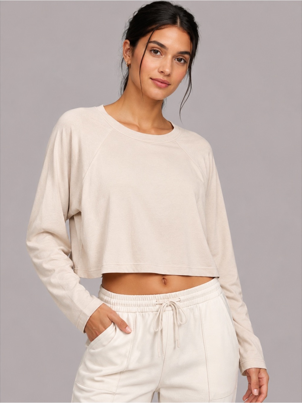 L*SPACE Mel Tee Women’s Medium Cream Beige Cropped Long Sleeve Cotton Top NWT $6